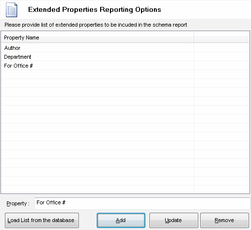 DTM Schema Reporter: Extended properties list editor